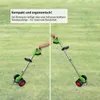 Two views of a green and silver grass trimmer on a grassy background, with text overlays indicating features and dimensions. Produktbild-Vorschau