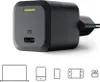 A black USB-C PD charger with a green indicator light and a USB-C port, shown with icons of compatible devices below. Podgląd zdjęcia produktu