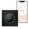 A smart thermostat device and a smartphone displaying its app interface. Produktbild-Vorschau
