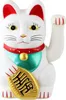 A white Maneki-neko (lucky cat) figurine with red ears and collar, a green bib, and a gold coin. Produktbild-Vorschau