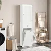 A bathroom scene with a tall white cabinet, a washing machine, and a ladder shelf with towels. Produktbild-Vorschau