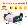 A child car seat booster with dimensions and safety certifications displayed. Produktbild-Vorschau