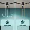 A split image showing a ceiling fan in two different modes: summer and winter. The summer mode shows the fan blowing air downwards, while the winter mode shows it circulating air upwards. Each mode is illustrated with arrows and accompanied by a relevant i Produktbild-Vorschau