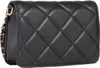 A black quilted handbag with a gold chain strap is shown from the side. Produktbild-Vorschau