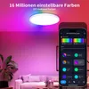 A smart ceiling light is shown in a room with colorful lighting, controlled by a smartphone app. Produktbild-Vorschau