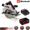 A cordless circular saw, battery, and charger are displayed against a white background, with marketing badges at the bottom. Produktbild-Vorschau
