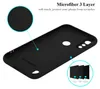 The inside of a black phone case is shown, with close-up insets highlighting the microfiber lining and the 3-layer construction. Podgląd zdjęcia produktu