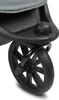 A close-up view of a stroller wheel and part of the seat. Náhľad obrázku produktu