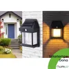 A collage showing a house with a solar wall lamp installed, a close-up of the solar wall lamp, and the lamp illuminated on a brick wall at night. Produktbild-Vorschau