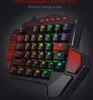 A close-up, angled view of a black Redragon K585 RGB mechanical one-handed gaming keyboard with colorful RGB backlighting. Produktbild-Vorschau
