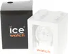 A black box with the Ice-Watch logo and branding next to a white cube-shaped packaging with a clear window showing a white watch inside. Produktbild-Vorschau