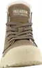 A close-up front view of a brown Palladium winter ankle boot with a cream-colored sole. Produktbild-Vorschau