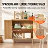 A wooden cabinet with its doors open, displaying kitchenware and storage solutions. Text overlays highlight features like spaciousness and adjustable shelves. Anteprima dell’immagine prodotto