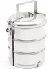 A three-tiered stainless steel tiffin carrier with a handle and clasp closure, shown against a white background. Podgląd zdjęcia produktu