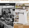 A split image showing a messy kitchen counter on the left and a clean, organized kitchen island on the right, with German text overlays. Anteprima dell’immagine prodotto