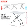 A white folding table is shown in different height configurations, with text and dimensions indicating its adjustability and size. Voir les images du produit