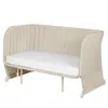 A beige crib with a white mattress is shown against a white background. Produktbild-Vorschau