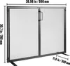A black metal fireplace screen with two doors and a handle, shown with dimensions indicated by text overlays. Voir les images du produit