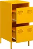 A yellow metal cabinet with two open doors, revealing shelves inside. The cabinet stands on four legs. Podgląd zdjęcia produktu
