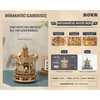 A marketing image showcasing a wooden mechanical music box carousel, with text and smaller images detailing its features and specifications. Anteprima dell’immagine prodotto
