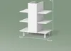 A 3D rendering of a white bathroom vanity with three shelves, shown against a light green background with dimensions indicated. Voir les images du produit