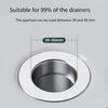 A close-up of a sink drain with text overlays indicating its compatibility. Produktbild-Vorschau