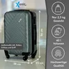 A gray suitcase with dimensions and features highlighted. Produktbild-Vorschau