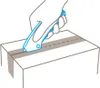A hand using a blue and white utility knife to cut along a dashed line on a cardboard box sealed with gray tape. Produktbild-Vorschau