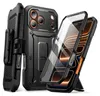A black protective phone case with a kickstand and a belt clip, shown from multiple angles. Náhľad obrázku produktu