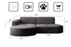A collage of icons and a diagram of a gray sofa with dimensions. Produktbild-Vorschau