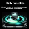 A smartphone screen protector is shown with a metallic sphere dropping onto it, demonstrating its protective qualities. The background is dark and abstract with glowing green rings. Produktbild-Vorschau