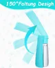 A blue and clear dog water bottle with an arrow indicating a 150-degree folding design. Produktbild-Vorschau