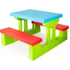 A colorful plastic children's picnic table with two benches, shown from a slightly elevated angle against a white background. Podgląd zdjęcia produktu
