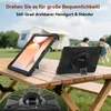 Tablet case displayed on a picnic table outdoors, with a camper and children in the background. Produktbild-Vorschau