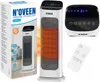 A collage of a ceramic heater, its packaging, and a remote control. Voir les images du produit
