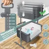 A baby's bedside crib is shown with a height adjustment scale and feature icons. Produktbild-Vorschau