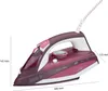 A detailed studio shot of a purple and white steam iron with dimensions indicated by lines and text. Náhled obrázku produktu