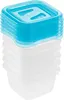 A stack of clear plastic food containers with blue lids. Produktbild-Vorschau