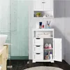 A white wooden bathroom cabinet with three drawers and an open door revealing shelves with towels and bottles. Produktbild-Vorschau