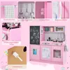 A collage of images showcasing different features and details of a pink wooden children's play kitchen. Produktbild-Vorschau