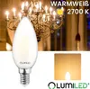 A close-up of a candle-shaped LED light bulb in front of a chandelier, with a small square showing a lit candle flame. Náhled obrázku produktu
