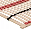 A close-up view of a wooden bed frame with black straps and red plastic holders. Náhled obrázku produktu