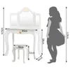 A child's vanity set with dimensions indicated, next to a silhouette of a child for scale. Podgląd zdjęcia produktu