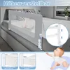 A baby bed rail installed on a bed, with inset images showing installation details and a crawling baby. Voir les images du produit
