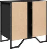 A black cabinet with two open doors, revealing the interior and the unfinished wood material of the doors. The cabinet is supported by black metal legs. Produktbild-Vorschau