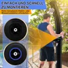 A man is standing next to a black outdoor shower, with two circular components shown in close-up on the left side of the image. The background includes a swimming pool and greenery. Náhled obrázku produktu