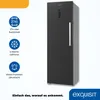 A black upright freezer with informational icons and text on the left side, and a brand logo at the bottom right. Produktbild-Vorschau