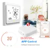 A collage of product images and lifestyle shots showing a smart thermostat, a hub, and a smartphone app. Produktbild-Vorschau