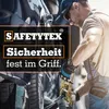A man is shown securing a strap to a vehicle tire, with text overlays indicating brand and safety information. Produktbild-Vorschau