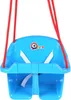 A blue plastic baby swing with red ropes, suspended against a white background. The swing has a safety harness and a logo on the front. Náhľad obrázku produktu
